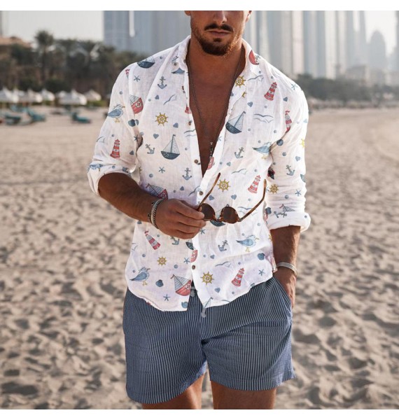 Mens Fashion  Anchor Beach Print Casual Shirt