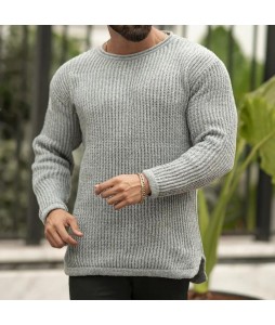 Pin Color Round Neck Casual Men's Sweater