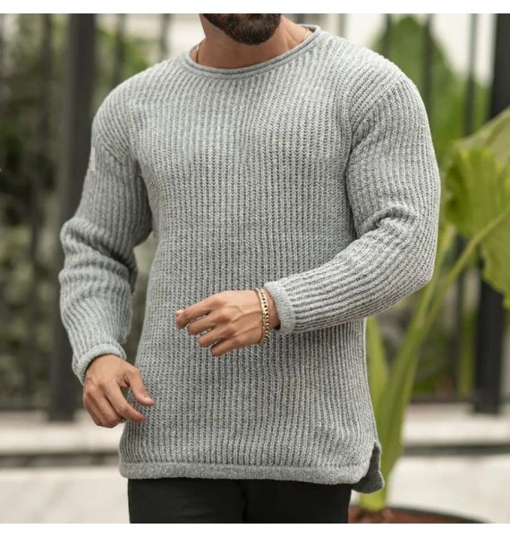 Pin Color Round Neck Casual Men's Sweater