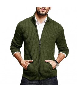 Men's Casual Half Turtleneck Solid Color Long Sleeve Zipper Knit Cardigan