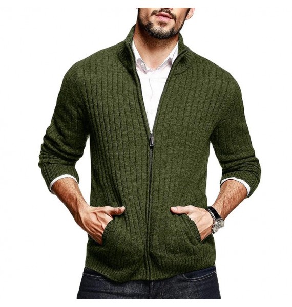 Men's Casual Half Turtleneck Solid Color Long Sleeve Zipper Knit Cardigan