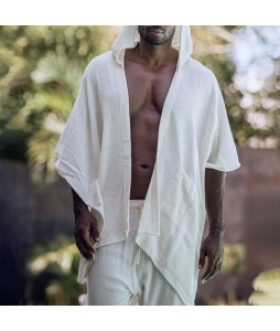 Men's Linen Hooded Shirt Holiday Casual Loose Breathable Long Sleeve Shirt