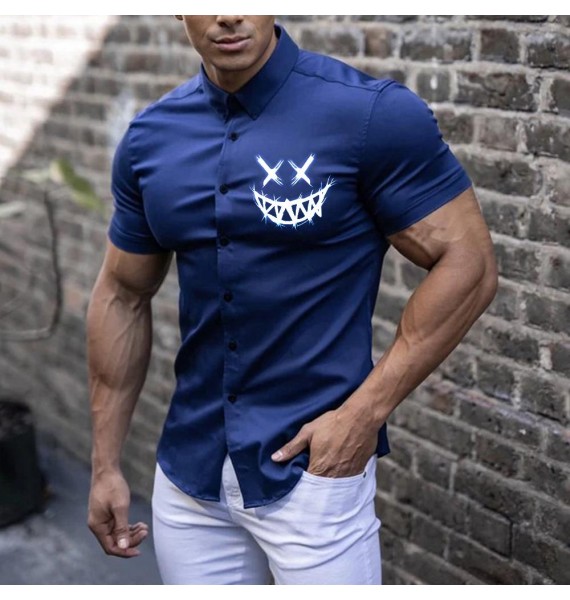 Men's Smiley Print Casual Slim Short Sleeve Shirt
