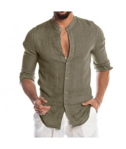 Men's Casual Linen Shirt Band Colr Long Sleeve Button Down Shirt