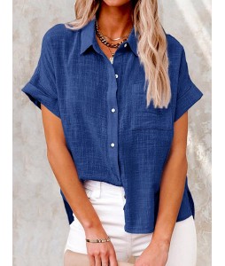 Summer Solid Color Linen Casual Short Sleeve Loosen Blouse
