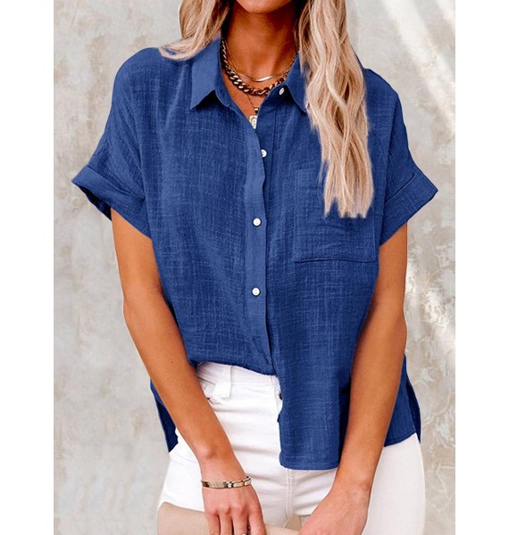 Summer Solid Color Linen Casual Short Sleeve Loosen Blouse