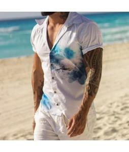 Men's Casual Wave Print Short Sleeve Resort Shirt