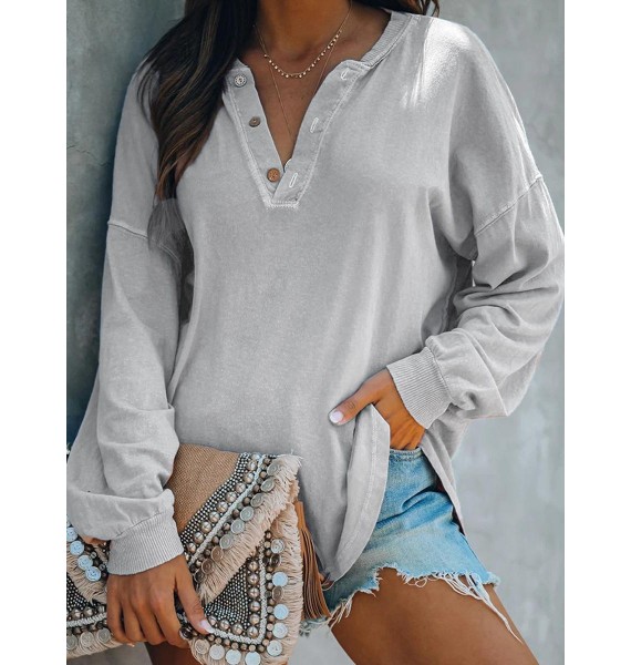 Solid Color Fashion V Neck Long Sleeve Button Top T-Shirt