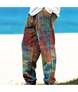 Men's Linen Boho Tribal Print Dye Long Pants