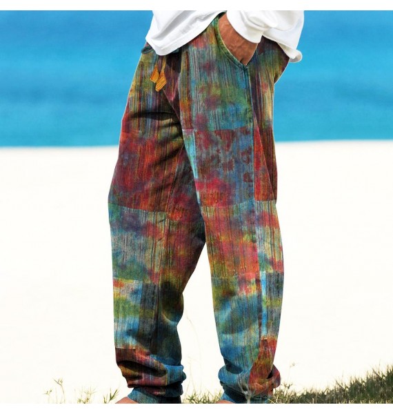 Men's Linen Boho Tribal Print Dye Long Pants