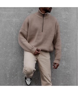 Men's Casual Sweater Solid Color Retro Stand Colr Zip Oversized Pullover Sweater