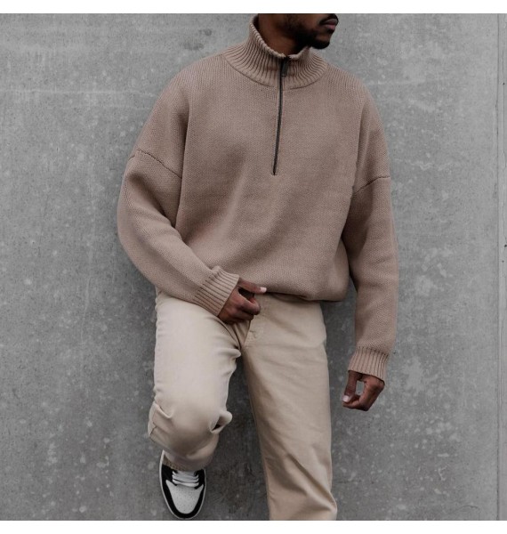 Men's Casual Sweater Solid Color Retro Stand Colr Zip Oversized Pullover Sweater