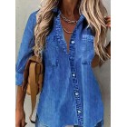 Casual Loose Solid Denim Blue Long Sleeve Blouse