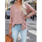 Fall/Winter Waffle Solid Color Single Breasted V-Neck Long Sleeve Shirt