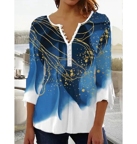 Casual Button Floral Print V Neck Long Sleeve Shirt