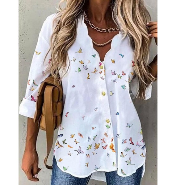 V-neck Butterfly Print Loose Casual Long-sleeved Blouse
