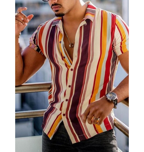 Warm Color Striped Casual Vacation Shirt