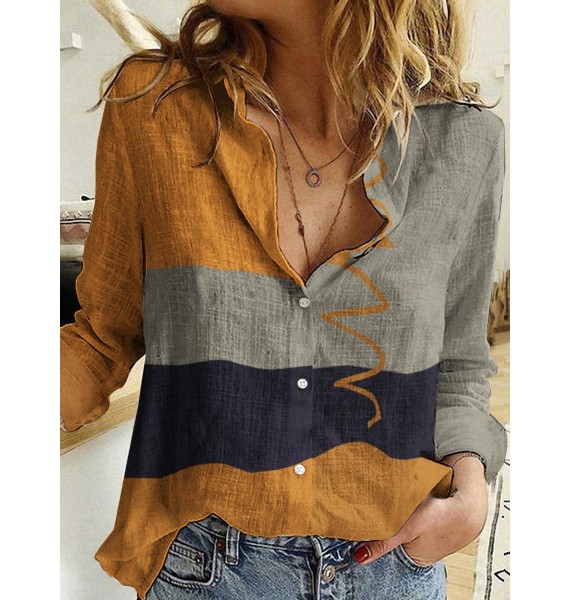 Loose Casual Color Block Printed Long Sleeve Blouse