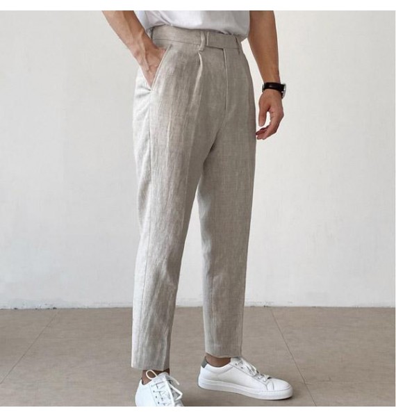 Summer light linen mens casual cropped trousers