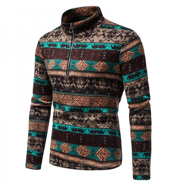 Men's Casual Stand Colr Zipper Ethnic Style Pullover Sweater