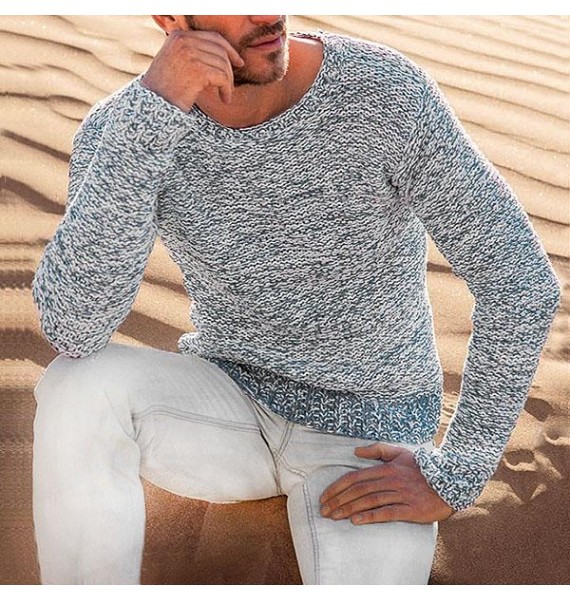 Men's Bohemian Grey Interwoven Color Line Crew Neck Sweater