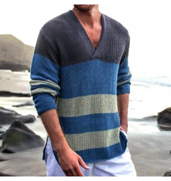 Men's Boho Contrast V-Neck Loose Casual Knit Sweater