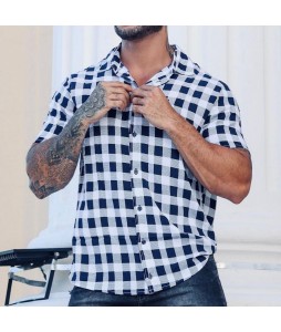 Men's Casual Fashion Geometric Check Print Short Sleeve Shirt