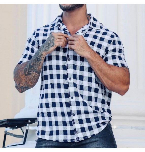 Men's Casual Fashion Geometric Check Print Short Sleeve Shirt