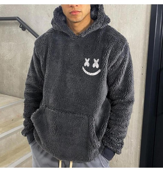 Smiley Embroidered Casual Hooded Plush Sweatshirt