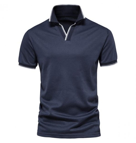 Men's Solid V-Neck Polo Shirt Work T-Shirt