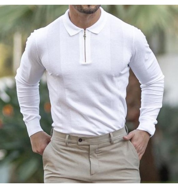 Cssic White And Gold Zip Knit Long Sleeve Polo Shirt