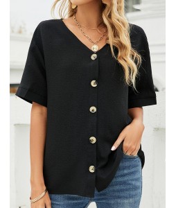 Solid Color Casual Loose V-Neck Short Sleeve Blouse