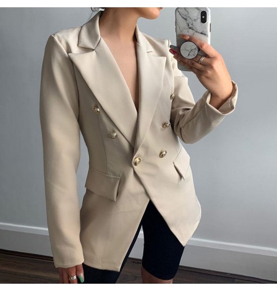 Women's Fashion Elegant Long Sleeves Slim Button Solid Color Long Coat Small Suit