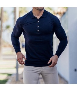Cssic Navy Blue Long Sleeve Button Polo Shirt