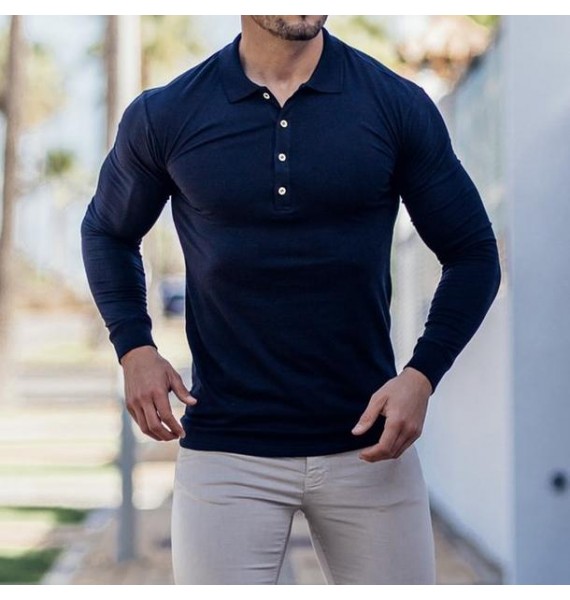 Cssic Navy Blue Long Sleeve Button Polo Shirt