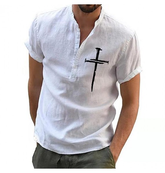 Christian Jesus Cross Print Men's Henley Short Sleeve Shirt