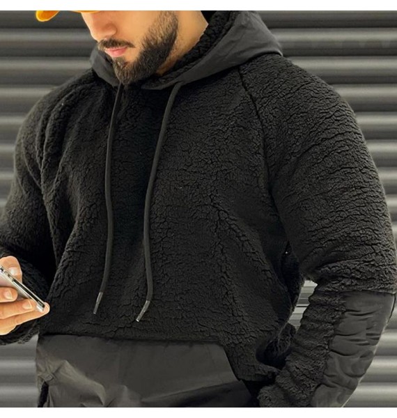 Men's Plush Warm Fabric Stitching Hooded Sweatshirt