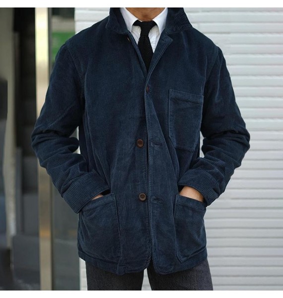 Men's  Blue Simple Corduroy Casual Jacket
