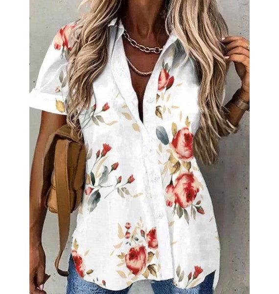 Casual Loose Floral Print Cardigan Short Sleeve Blouse