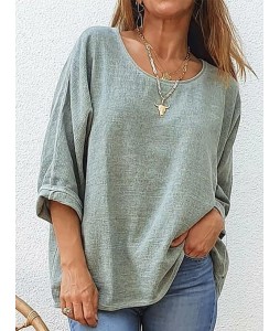 Pure Color Loose Long-sleeved Round Neck Casual Pullover Blouse