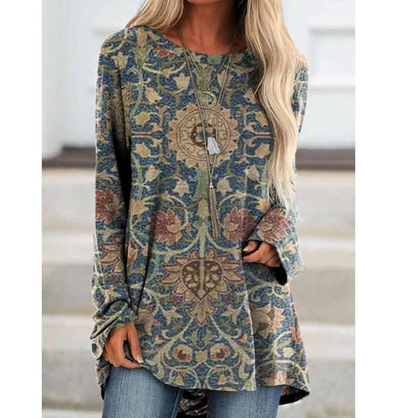 Round Neck Casual Loose  Print Long Sleeve Shirt