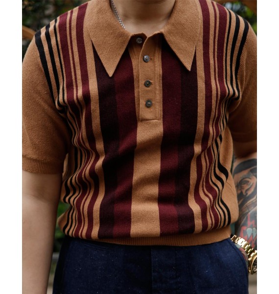 Beige Striped Knitted Polo Shirt