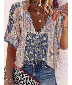 V-neck Zip-up Loose Casual Floral Print Short Sleeve Blouse