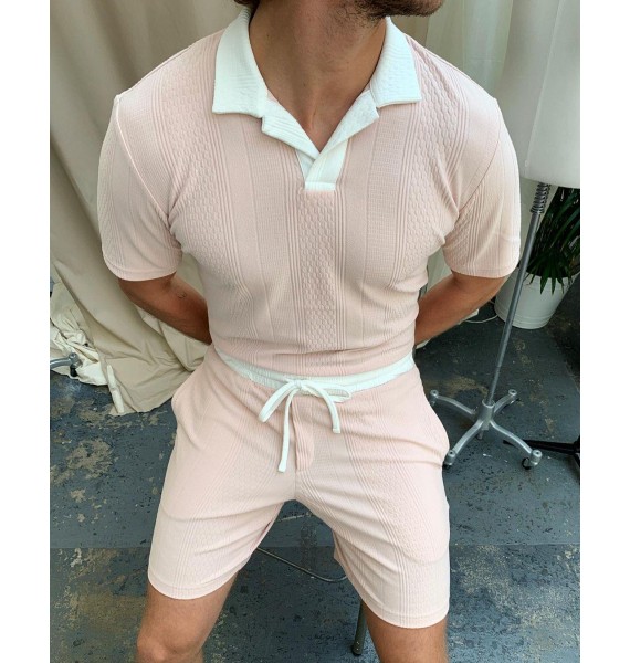 Textured Solid Color Polo Shirt Set