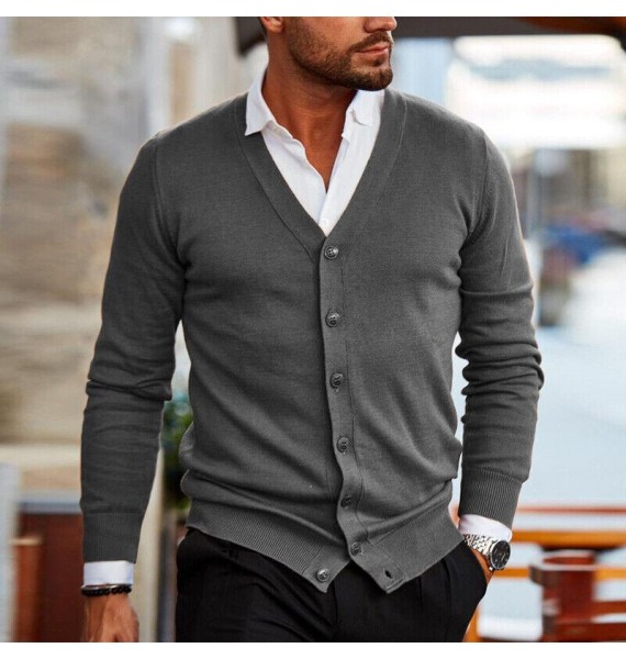 Men's Pin V Neck Buttoned Knitted Cardigan