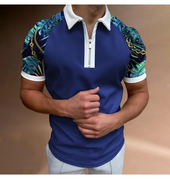 Men's Casual Chain Pattern Print Color Matching Short Sleeve Zipper Polo Shirt