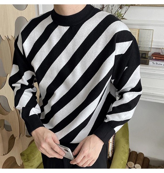 Round Neck Business Casual Long-sleeved Striped Knitted Sweater