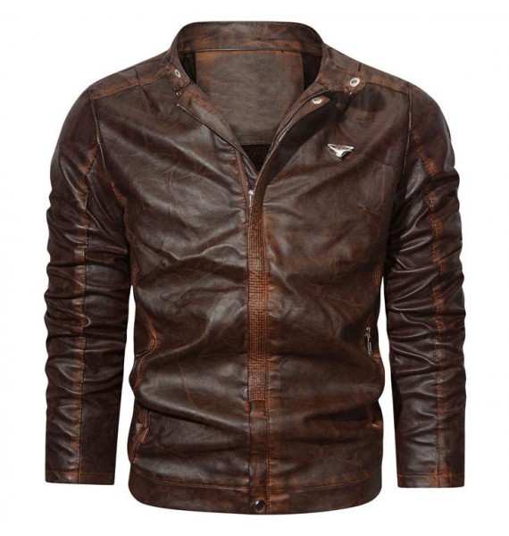 Men's  Distressed Stand Colr Motorcycle Leather Jacket