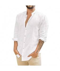Men's Loose Linen Solid Color Casual Stand Colr Long Sleeve Shirt