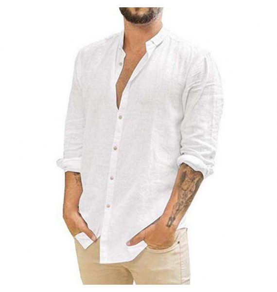 Men's Loose Linen Solid Color Casual Stand Colr Long Sleeve Shirt